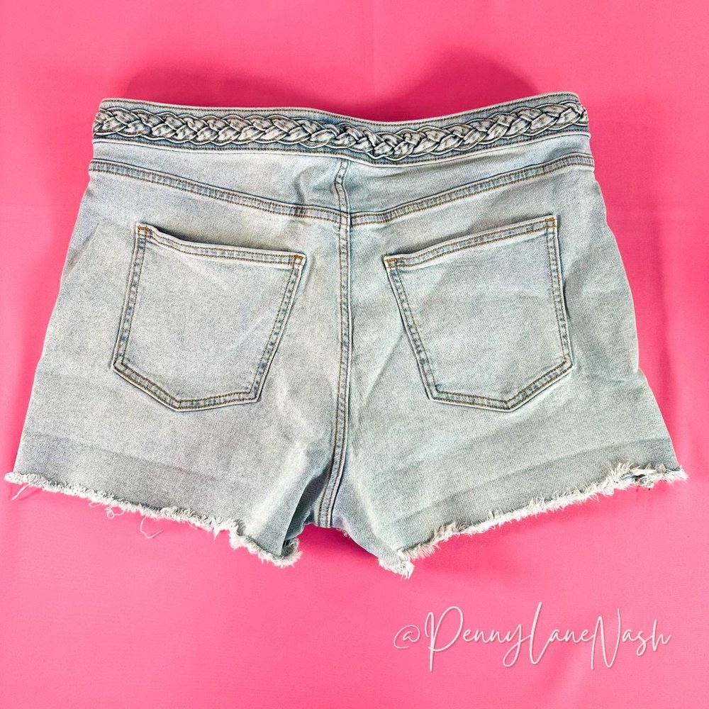 LC Lauren Conrad Crystal Braided High Waist Cut Off Denim Shorts - Picture 10 of 12
